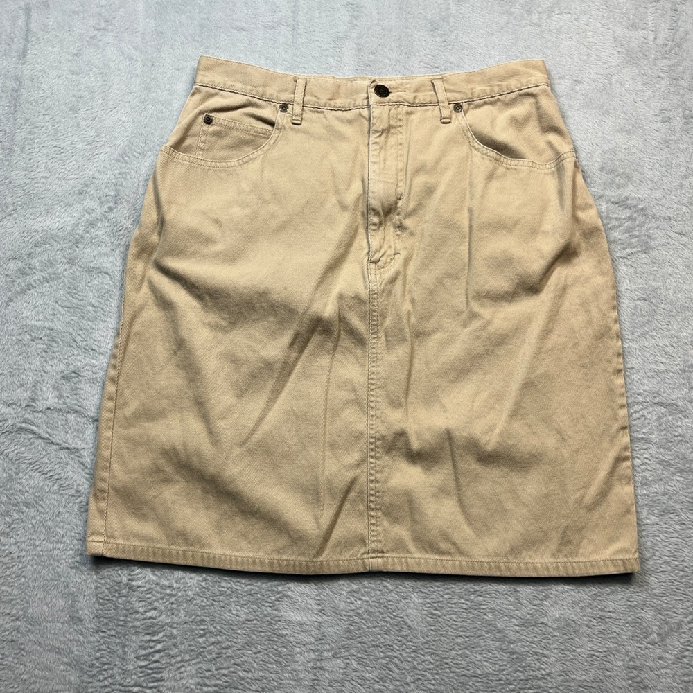 Y2K Eddie Bauer Denim Mini Skirt Womens Tan Khaki Cotton 5-Pocket Size 14